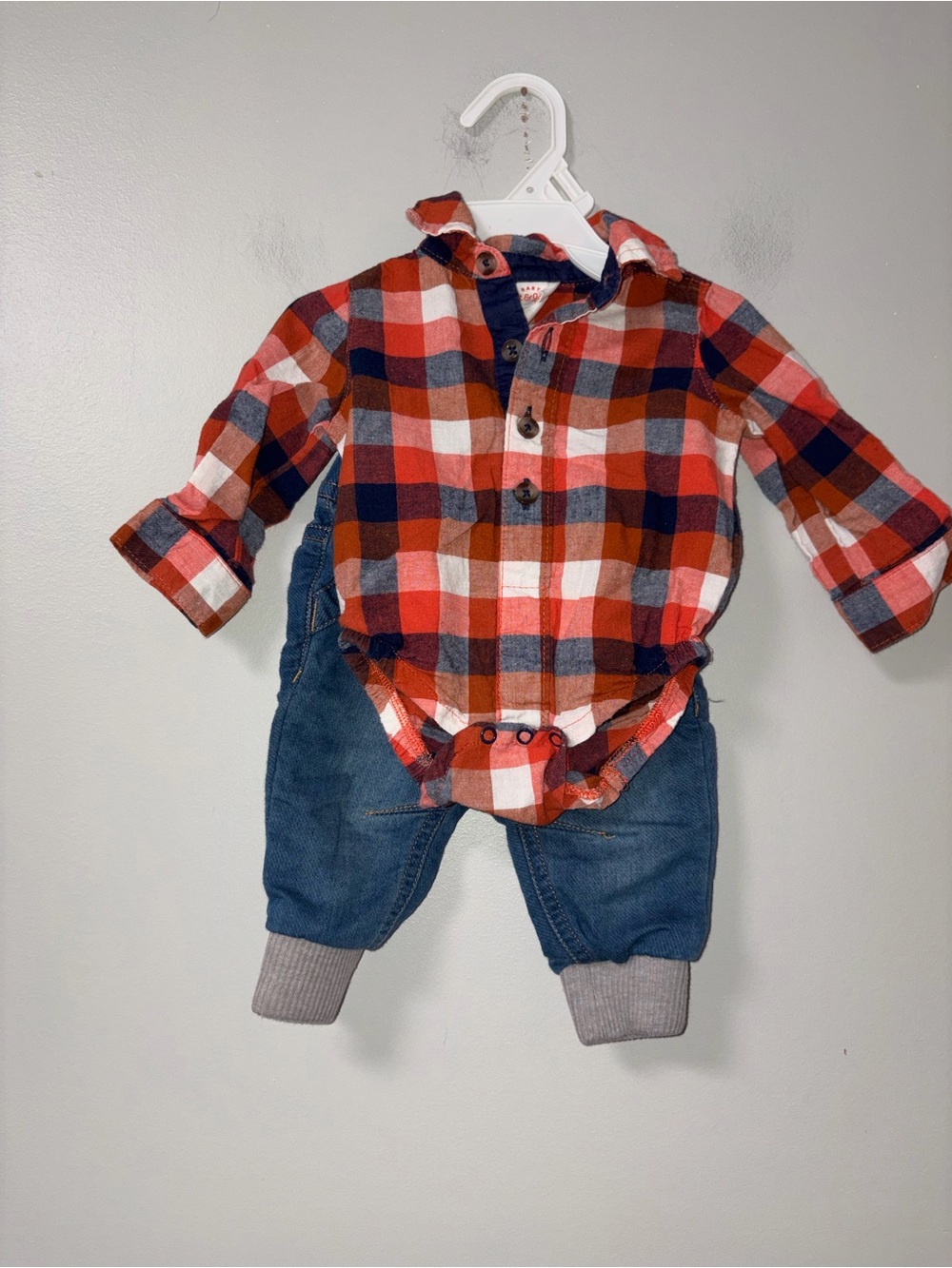 Cat & Jack Orange Plaid Bubble Romper Jeans Set Boys NB